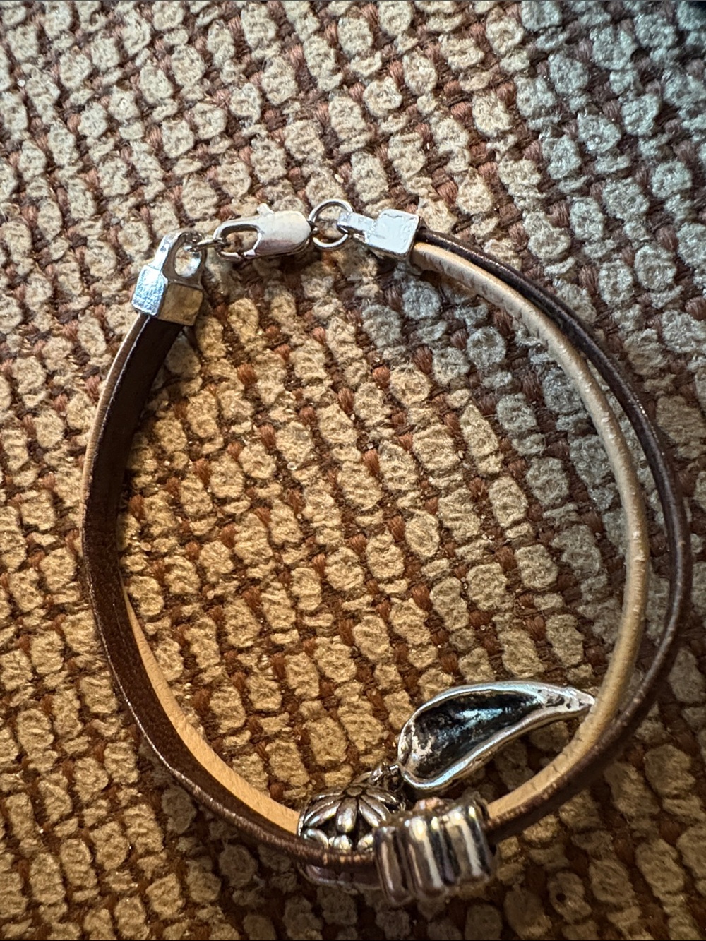 Leather Double-Band Bracelet with Silver Flower & Wing Charm - Brown & Cream - Picture 3 of 8